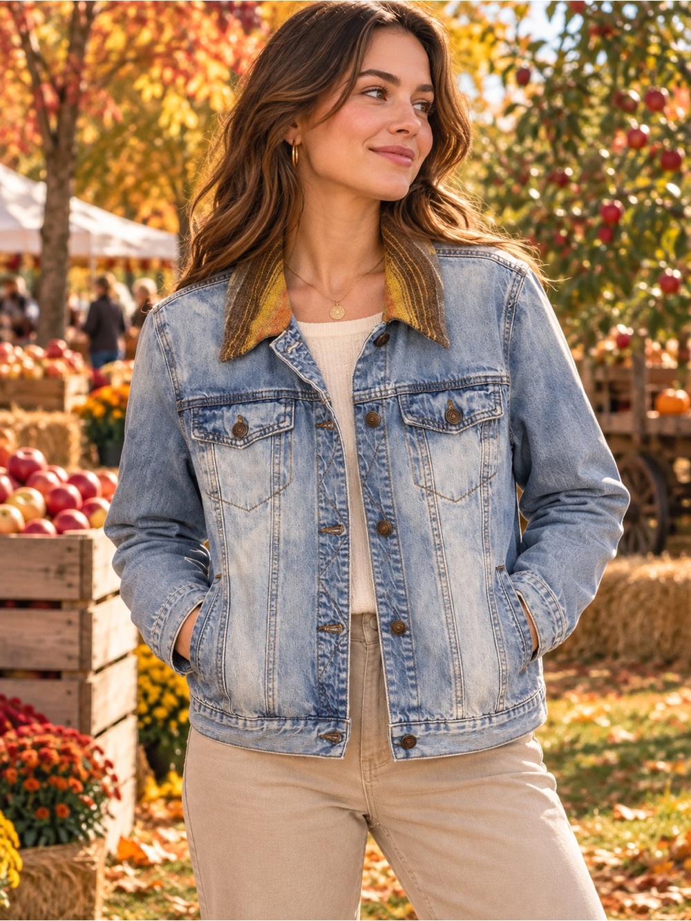 Natural Reflections Light Wash Denim Jacket with Striped Collar